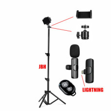 Комплект KJB-9: напольный штатив JBH с держателем для телефона, шарниром, пультом Bluetooth и беспроводной петличный микрофон K9 для Iphone с разъемом Lightning