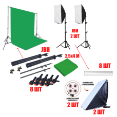 Комплект KF-270ZP-SB: каркас для фотозоны, фотофон хромакей 2.5x4 м, 8 прищепок и 2 софтбокса со штативом
