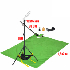 Комплект JKLDT-F152U для горизонтальной съемки сверху: напольная стойка JBH с мешком для противовеса, держатель для телефона до 85 мм и фон 1.5х2 м