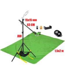 Комплект JKDT-F152KU для горизонтальной съемки сверху: напольная стойка JBH с мешком для противовеса, держатель для телефона до 85 мм, фон 1.5х2 м и кнопка Bluetooth